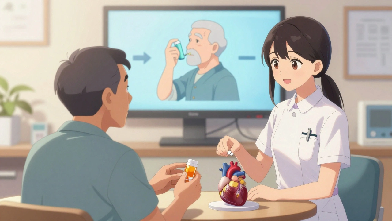 Un soignant montre à un patient comment prendre son médicament en utilisant une démonstration physique et une vidéo simple.