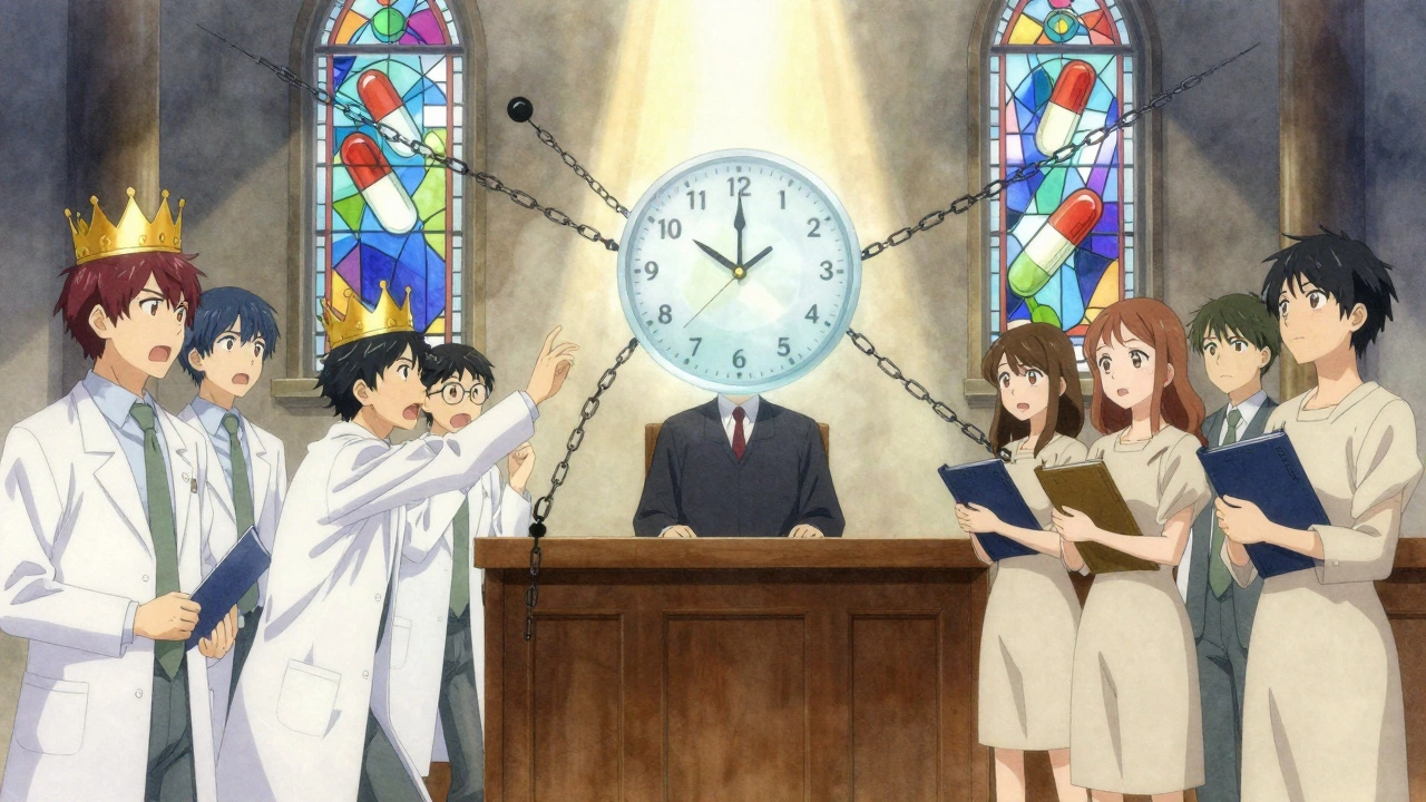 Une cour où une horloge figée à 30 mois est entourée de chaînes juridiques.