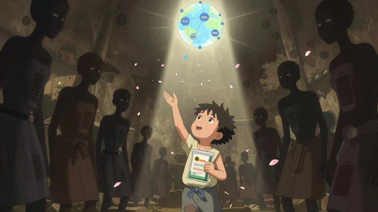 Une enfant en Afrique tendant la main vers des lignes directrices de sécurité qui descendent du ciel comme des pétales.