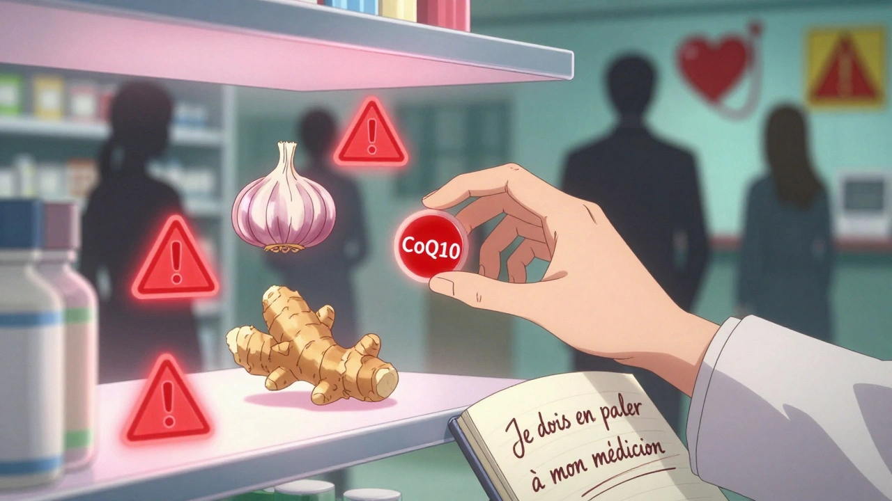 Une étagère de compléments herbals flottants avec des symboles de danger rouges, une main s&#039;apprête à les prendre.