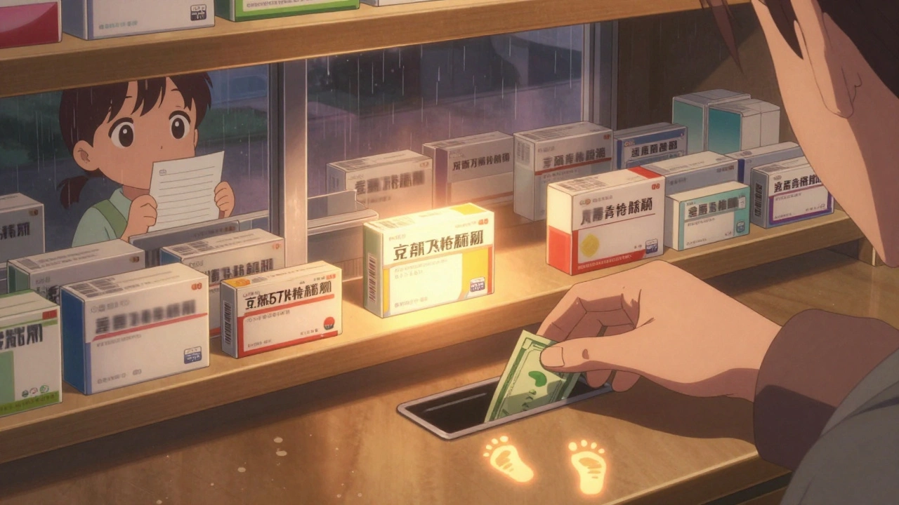 Une étagère de médicaments avec un seul produit marqué brillant, tandis qu&#039;une main cache un paiement secret.