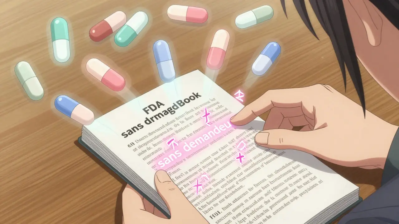 Une main feuilletant le livre Orange de la FDA, avec des annotations lumineuses soulignant 'sans demandeur'.