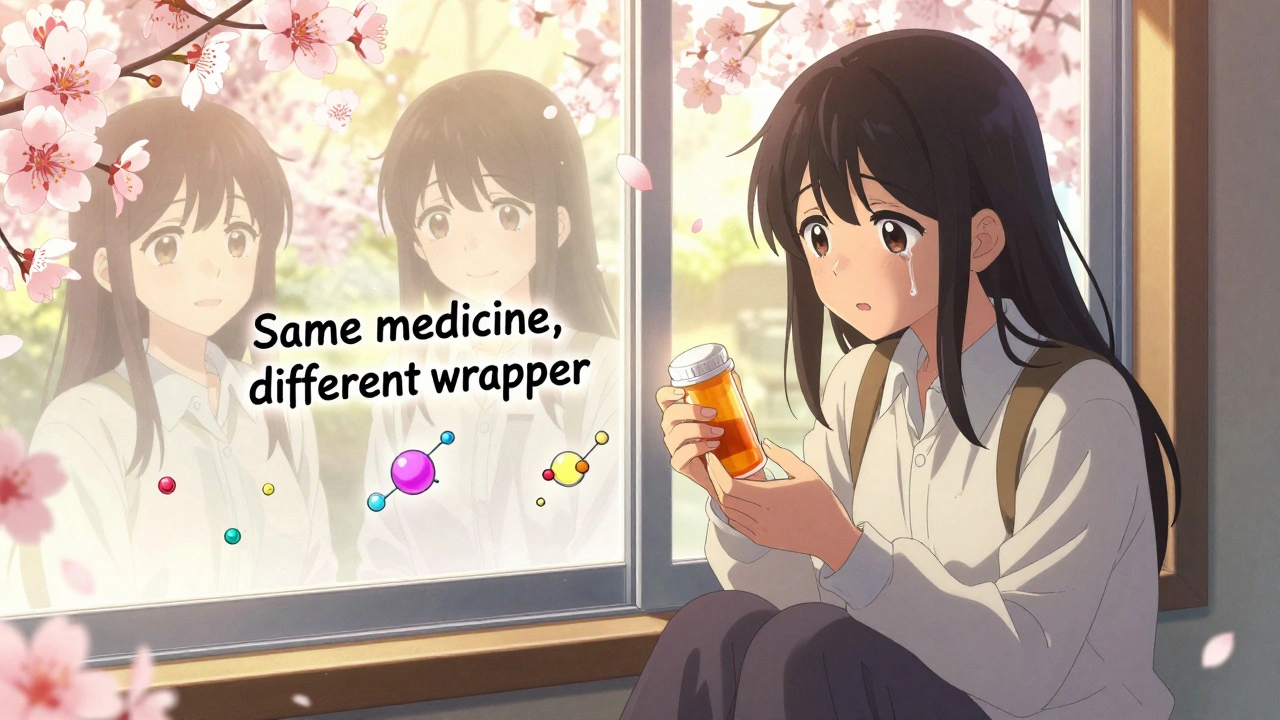 Une patiente regarde sa pilule générique de couleur différente, entourée de fleurs et de molécules animées, un sourire réconfortant flotte dans l&#039;air.