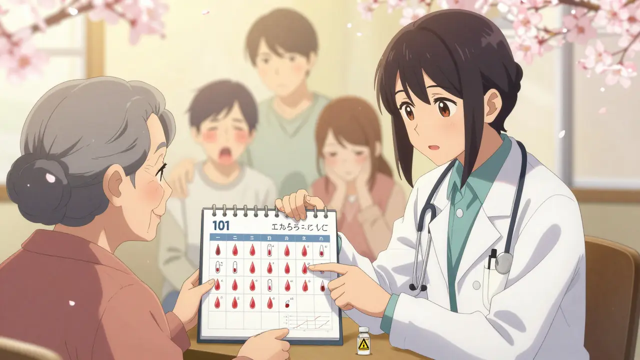 Une personne âgée suit son traitement antifongique avec un médecin, un calendrier marqué par des tests sanguins et des pétales de cerisier tombant en arrière-plan.