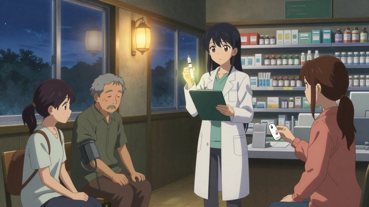 Une pharmacienne aide des patients dans une pharmacie rurale au crépuscule, offrant vaccins et soins accessibles.