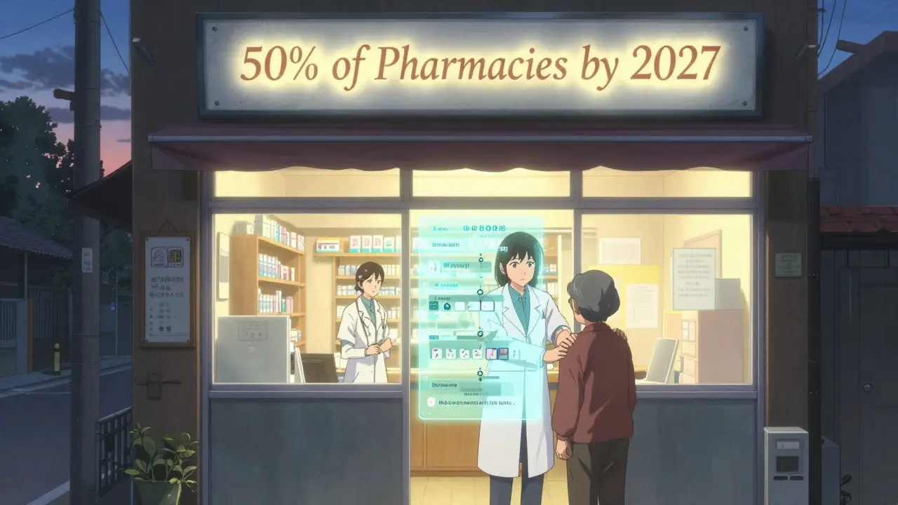 Une pharmacienne rassure un patient âgé tandis qu'une chronologie de son traitement s'affiche entre eux.