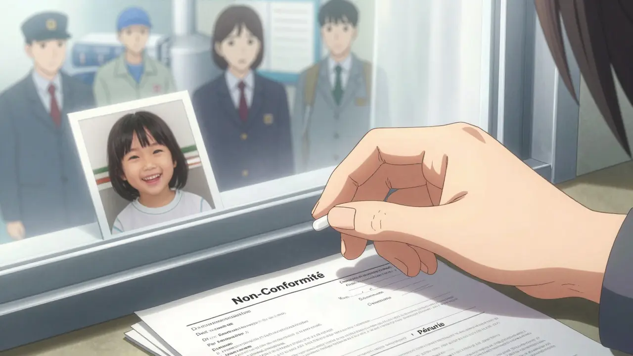 Une pilule sur un rebord de fenêtre, entourée de lettres de pénurie et d'ombres de soignants.