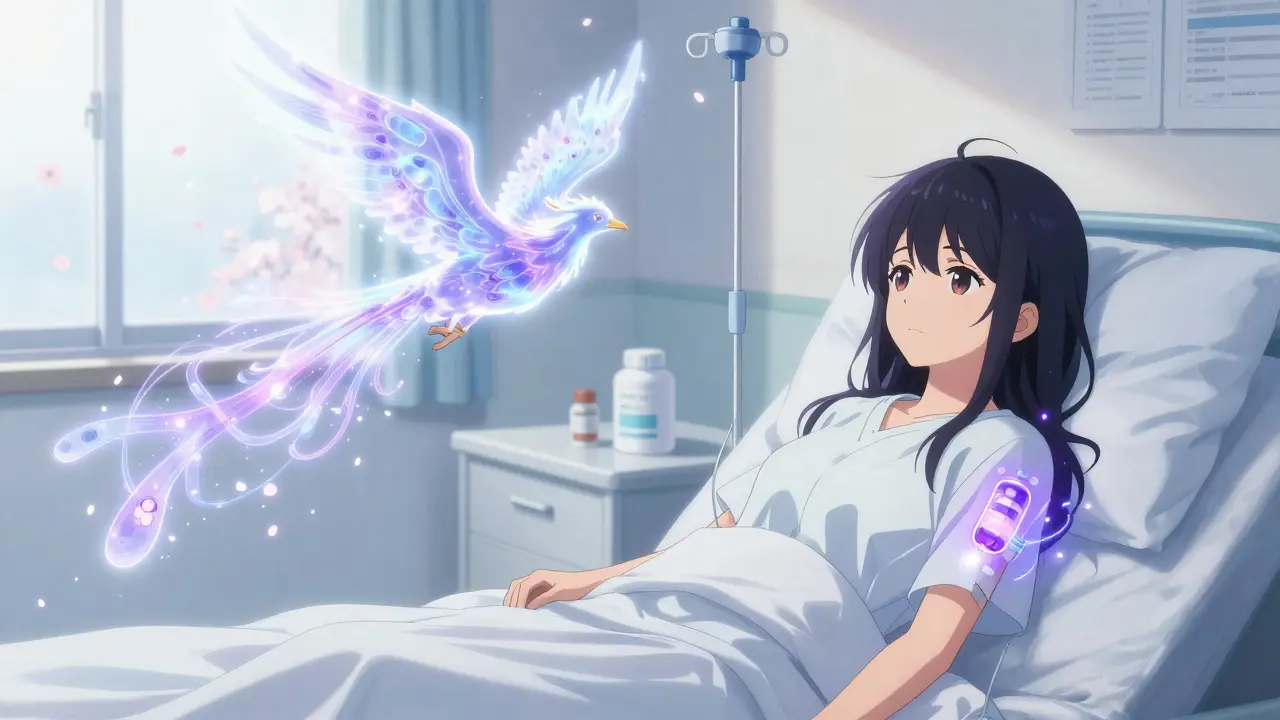 Adolescente recevant une perfusion, des ondes lumineuses et des pétales flottants.