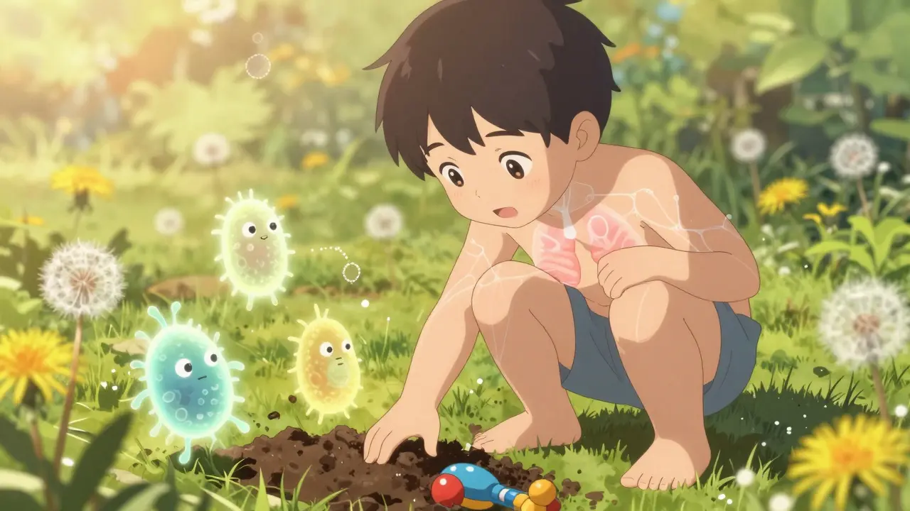 Bébé jouant dans un jardin, des microbes amicaux flottent autour, symbole d'un microbiote sain.