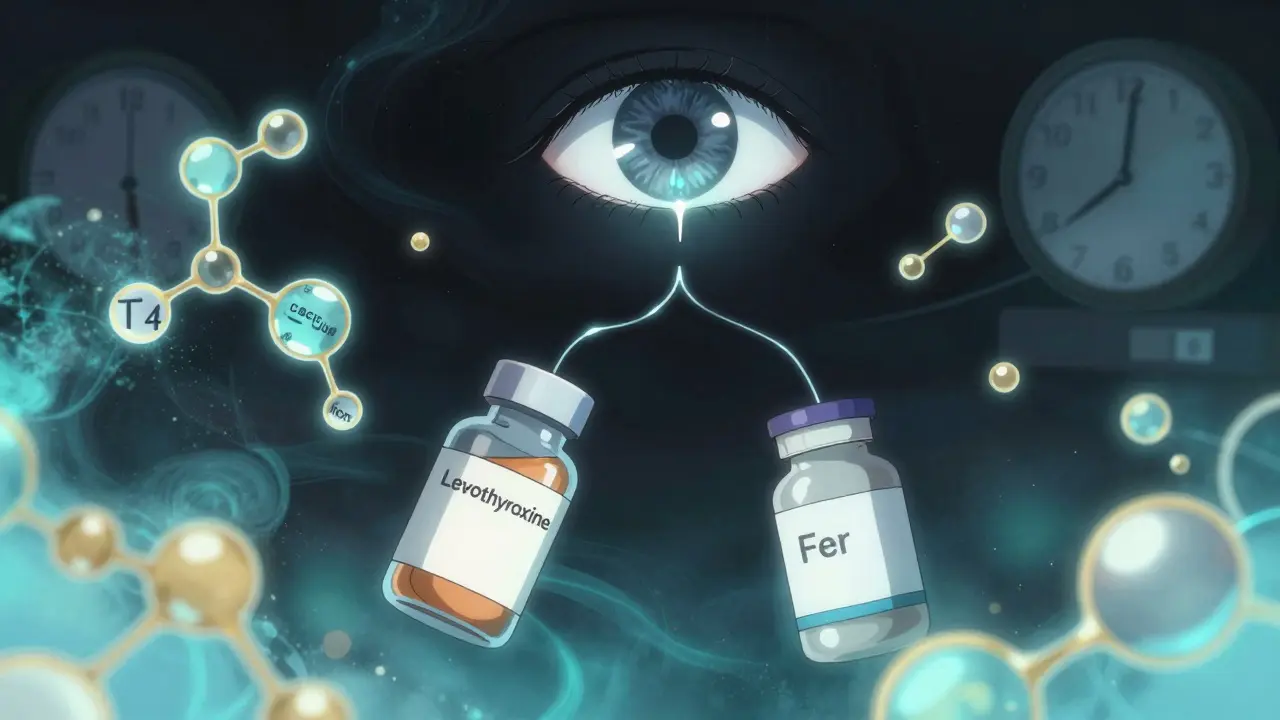 Bouteilles de levothyroxine et de fer séparées par un fil rompu, entourées de structures moléculaires lumineuses dans un fond sombre.