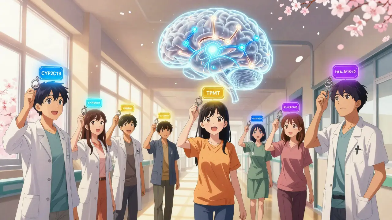 Des patients dans un couloir hospitalier ont des clés génétiques qui déclenchent des lumières de traitement personnalisées.