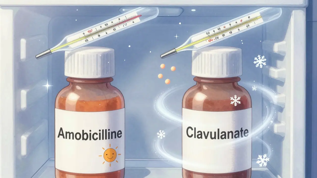 Deux bouteilles de médicaments comparées : l'une à température ambiante, l'autre au réfrigérateur.