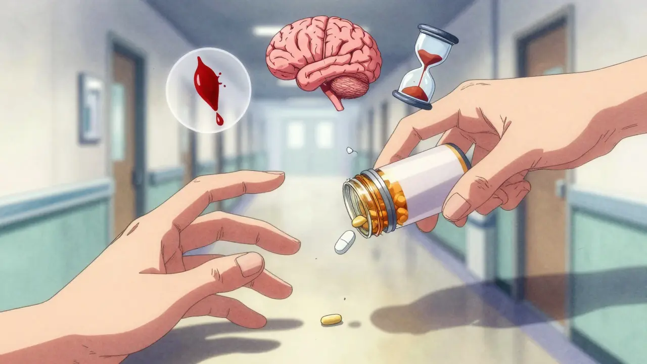 Deux mains luttant pour prendre une dose — un caillot et un sablier flottent comme avertissements.