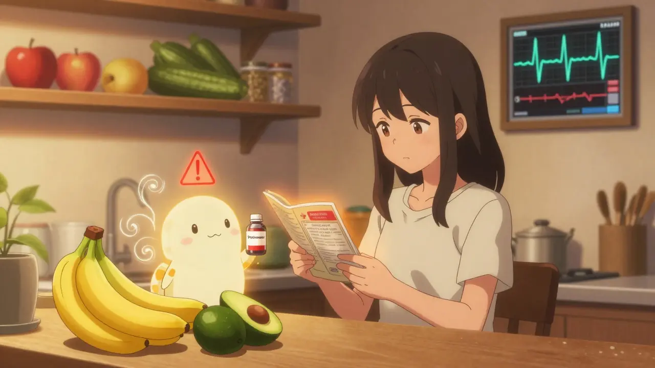 Femme dans une cuisine avec aliments à risque et un médicament magique qui protège son cœur, style manga shoujo.