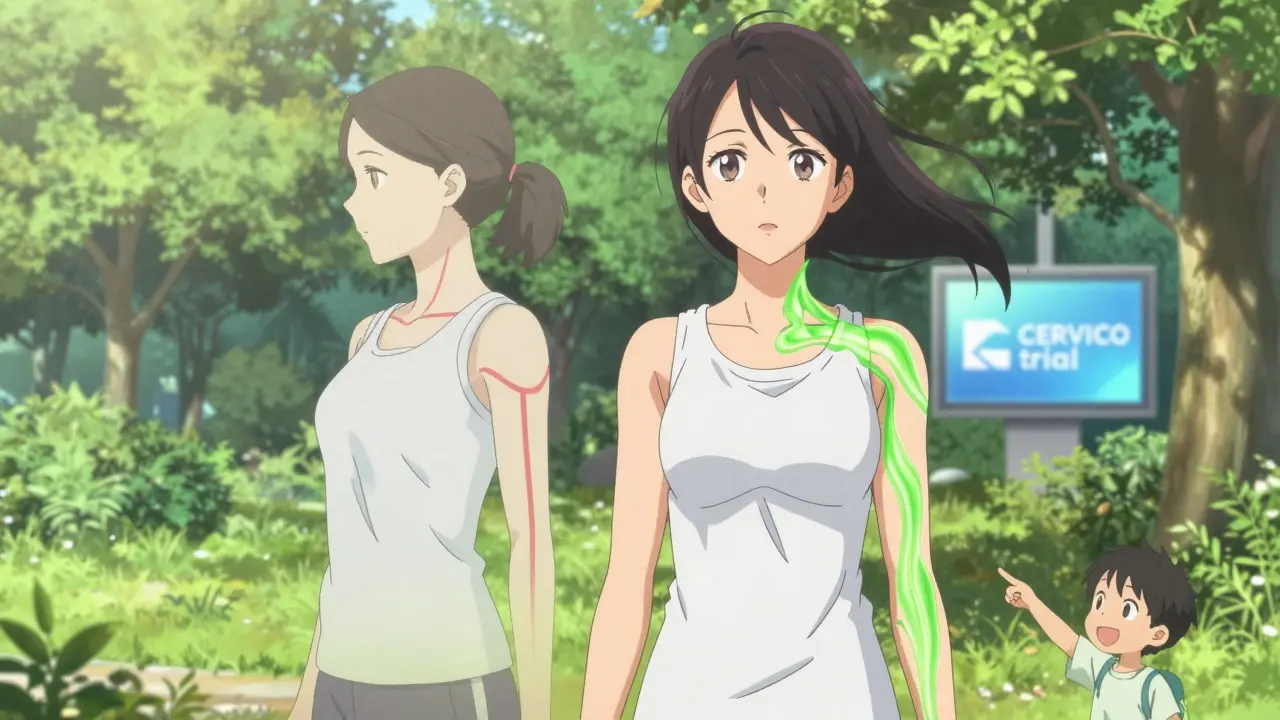 Femme debout dans un parc, posture corrigée, avec un avant-après transparent montrant sa transformation de la douleur à la liberté de mouvement.