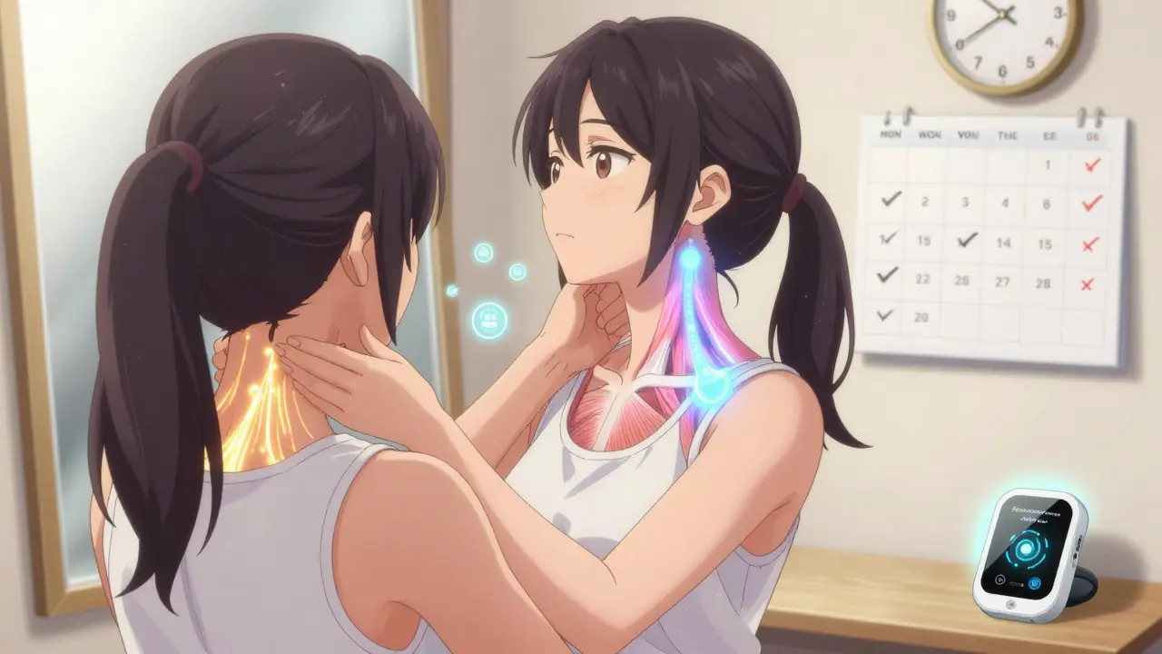 Femme effectuant un exercice de rentrée du menton, des muscles du cou illuminés en énergie douce, avec un dispositif portable qui vibre à côté.