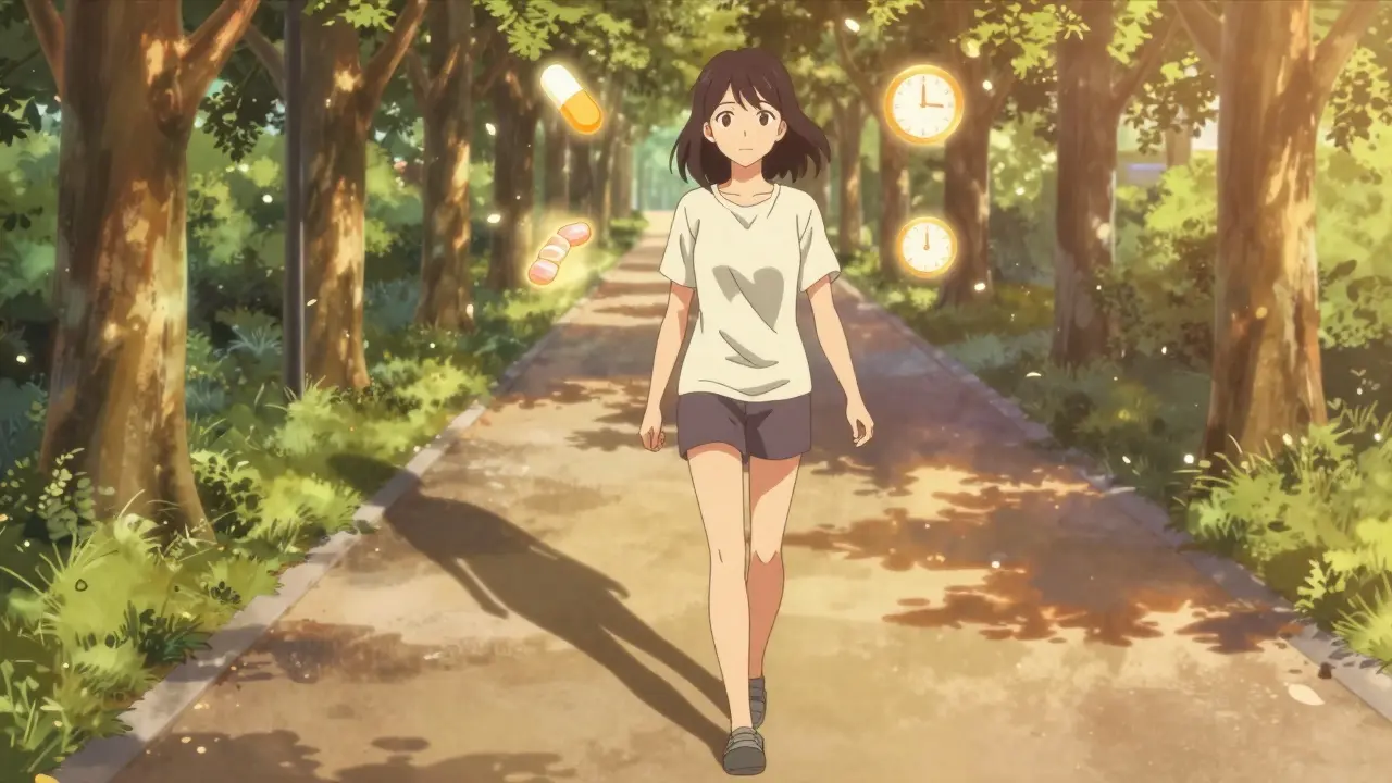 Femme marchant au coucher du soleil, entourée de symboles de santé et de bien-être, dans un cadre apaisant.