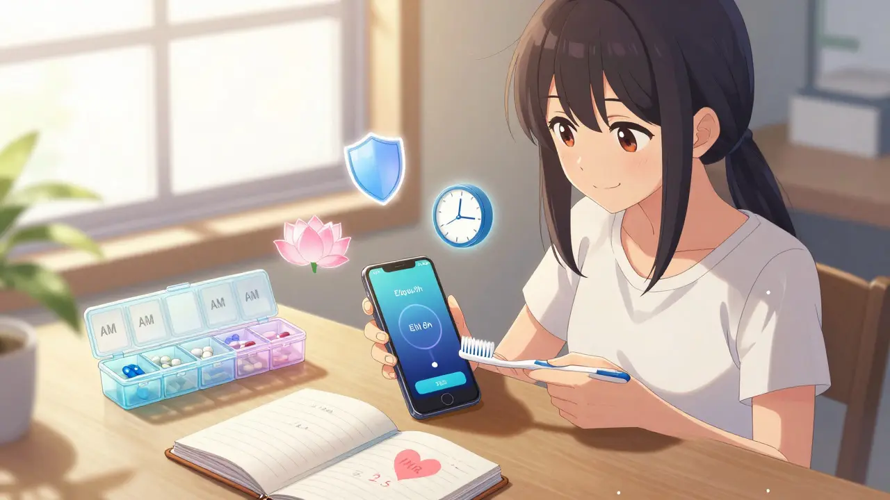 Femme réglant une alarme pour son anticoagulant, boîte à comprimés ordonnée et notes manuscrites sur la table.