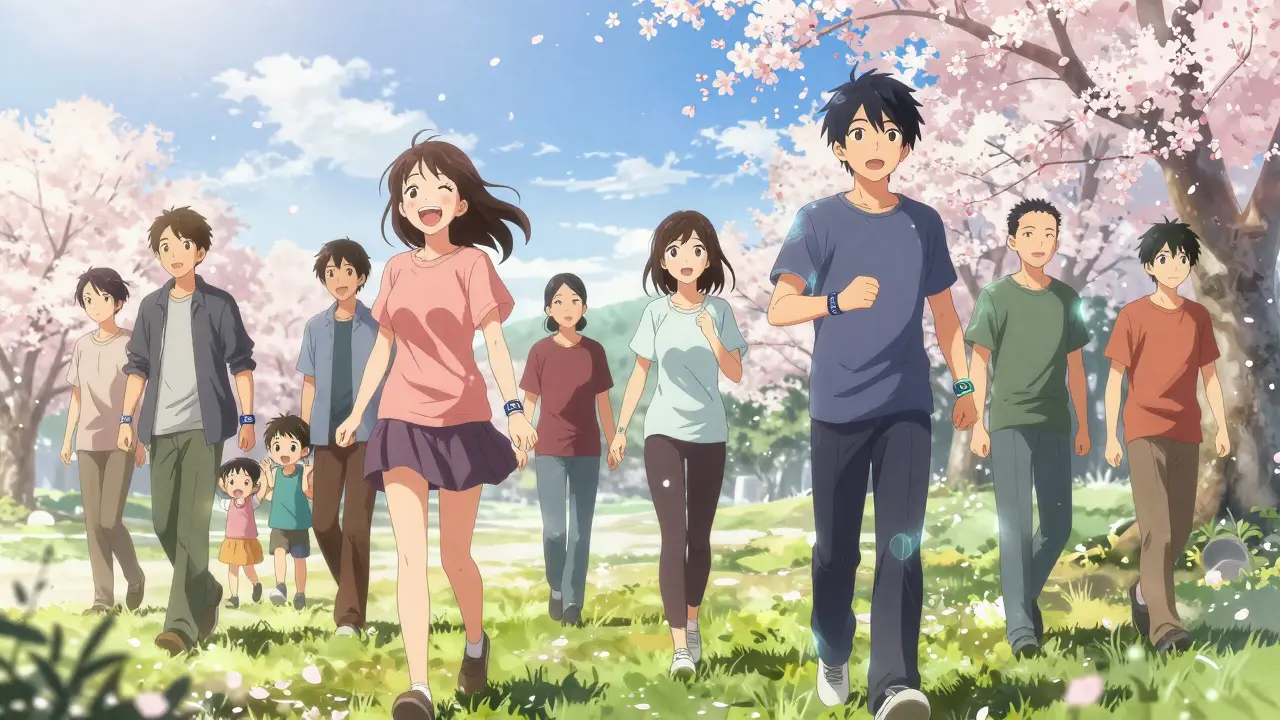 Groupe de patients dans un parc, avec des auréoles colorées aux articulations, vivant des moments de joie et de liberté.