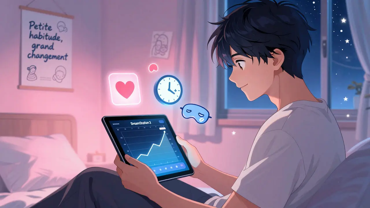 Homme regardant son écran de données de sommeil, avec des icônes animées de sommeil et de santé.