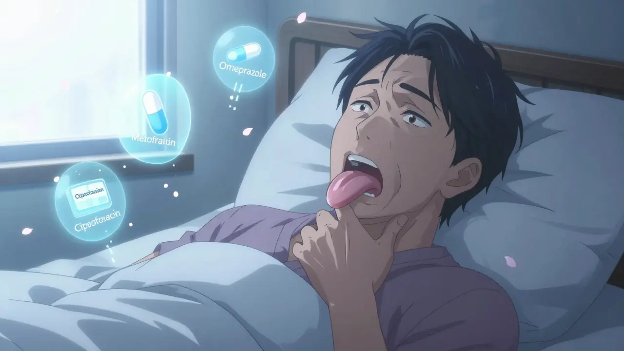 Homme réveillé avec la langue enflée, des médicaments flottants émettant des avertissements dans sa chambre.