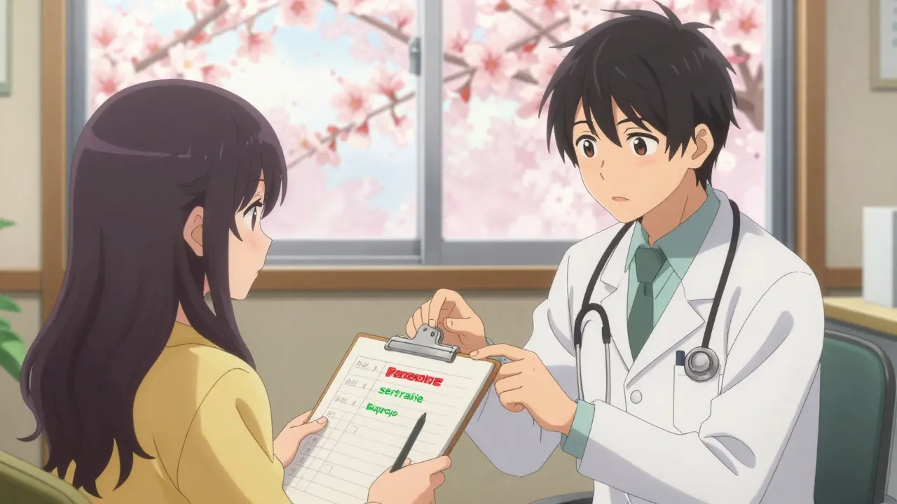 Médecin et patiente en consultation, discutant d'un tableau comparatif d'antidépresseurs sous une lumière douce.