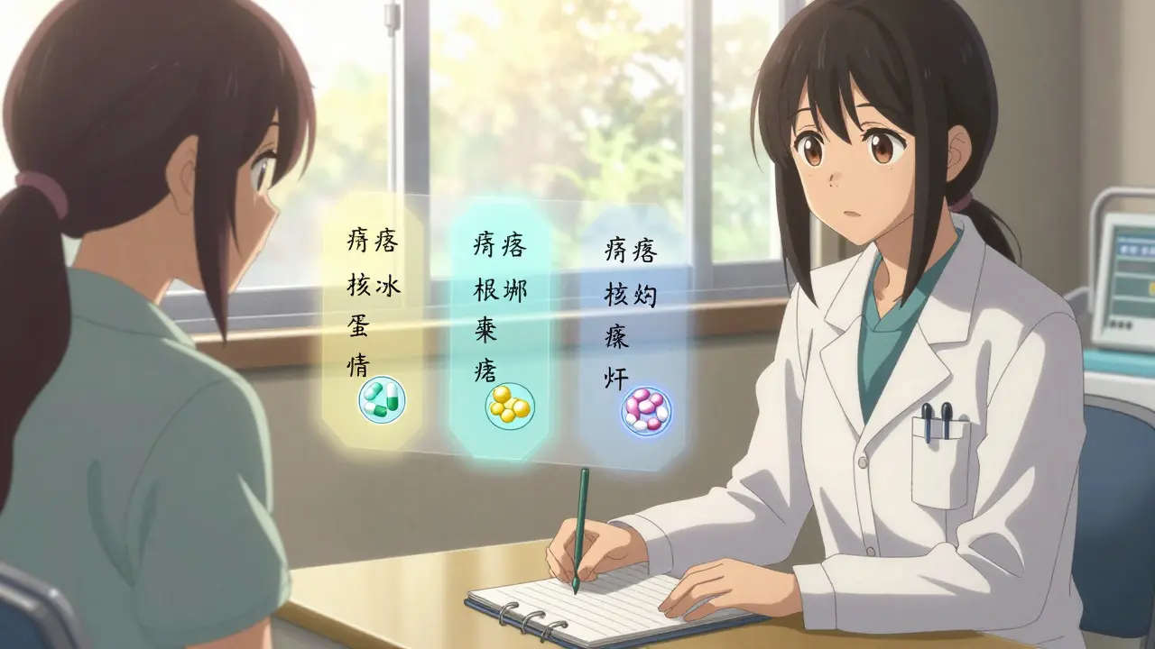 Médecin et patiente regardant ensemble des notes de symptômes avec des icônes transparentes des différents fabricants de médicaments.