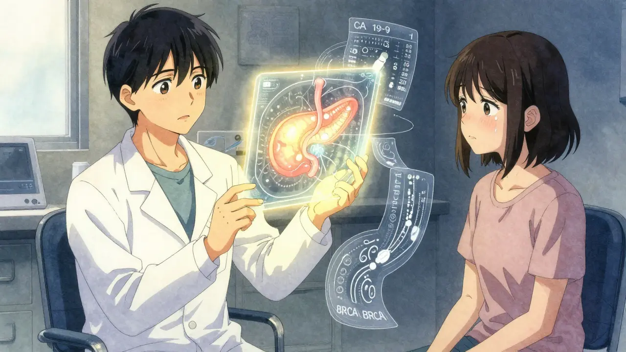 Médecin montrant un scanner du pancréas, données flottantes, lumière douce et larmes.