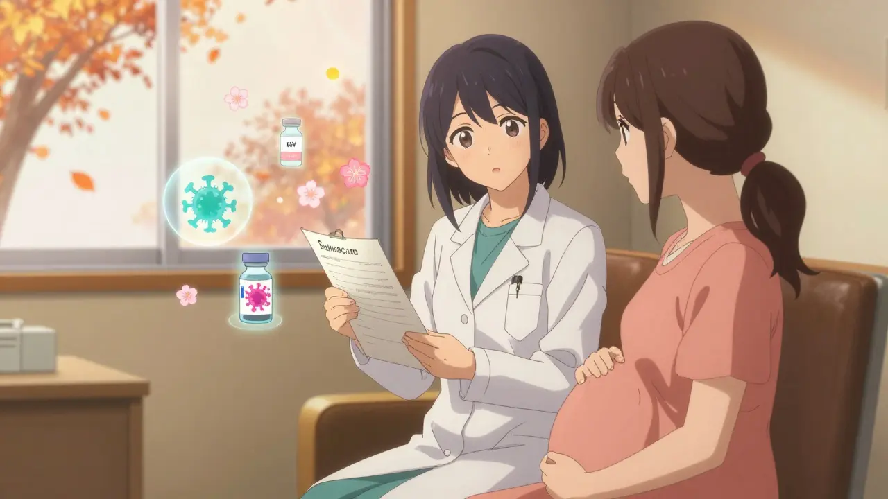 Médecine expliquant les vaccins pendant la grossesse dans une clinique douce et chaleureuse.