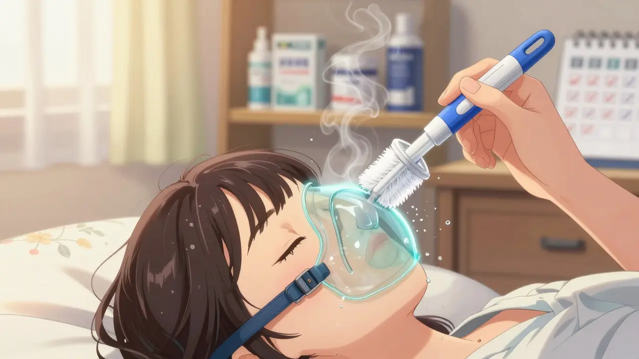 Nettoyage délicat du joint du masque CPAP sous l'eau, avec des gouttes flottantes et de la vapeur.