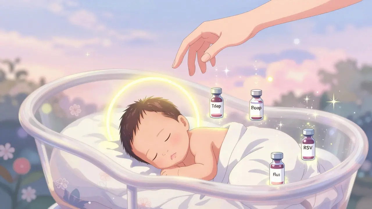 Nouveau-né protégé par des anticorps lumineux, la main de sa mère au-dessus en signe d'amour.