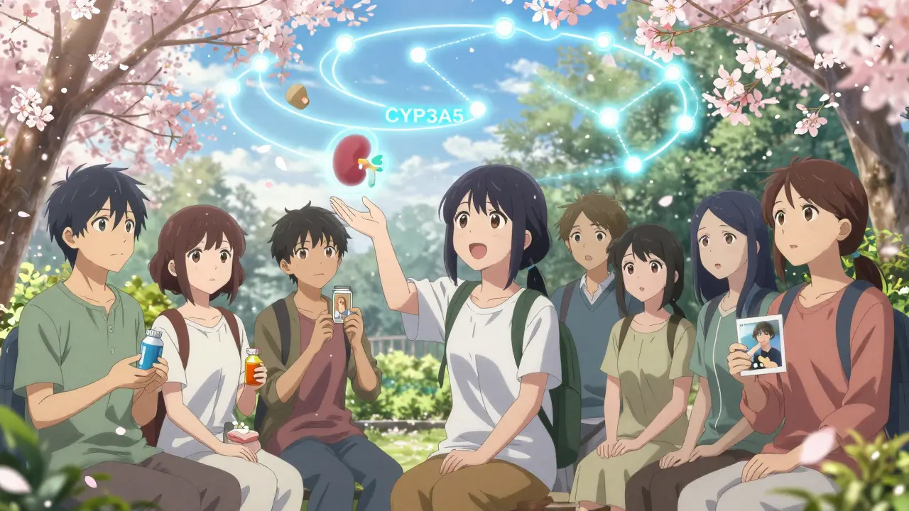 Patients dans un jardin avec un code génétique flottant au-dessus d'eux, tenant des bouteilles de génériques différents.