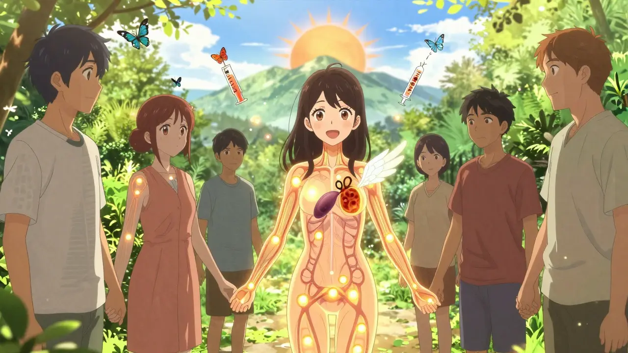 Patients dans un jardin, leurs jonctions neuromusculaires brillent comme des lanternes.