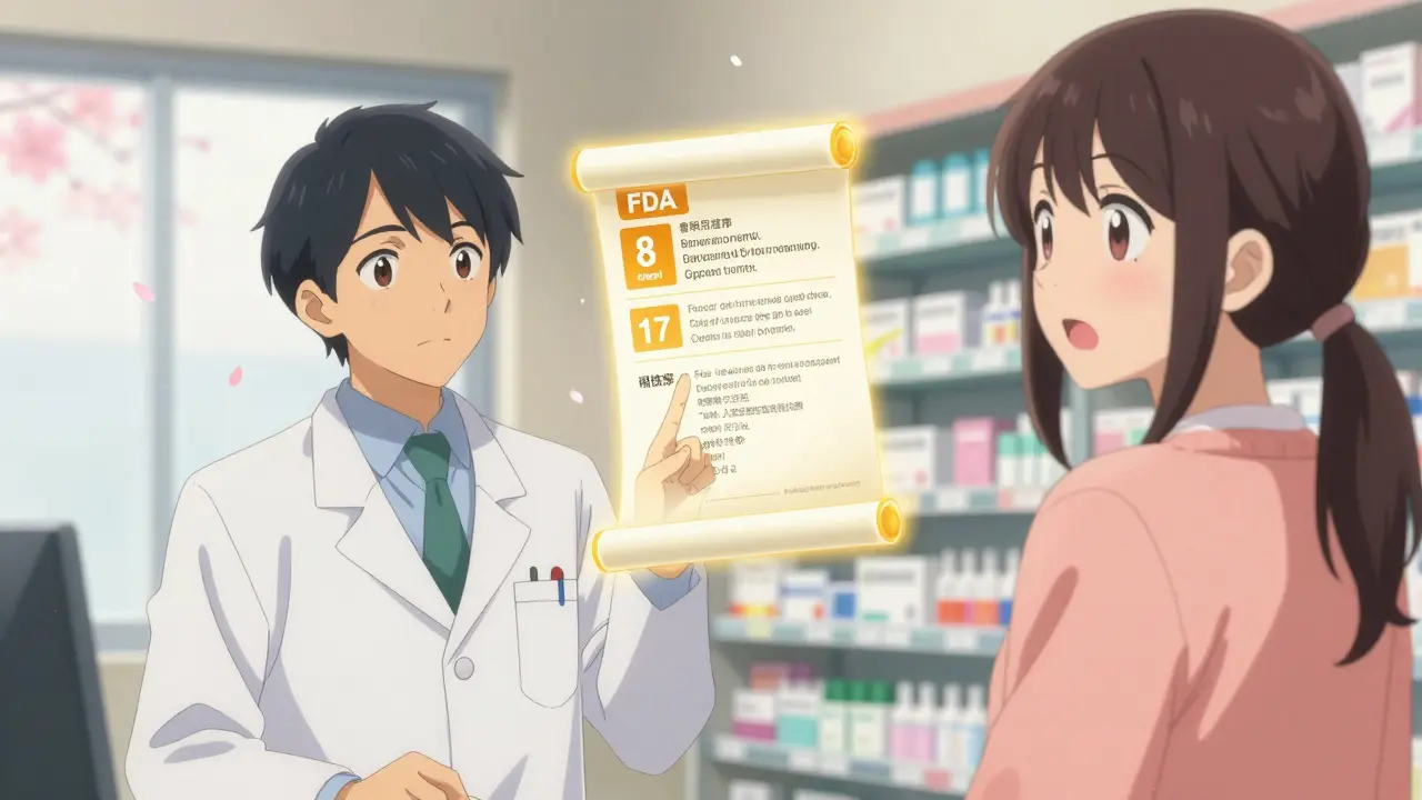 Pharmacien et patient examinant ensemble une étiquette médicale animée en lumière dorée.