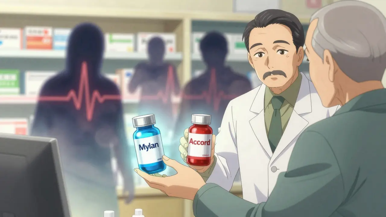 Pharmacien remettant deux boîtes de génériques identiques, des ombres de symptômes médicaux apparaissent derrière eux.