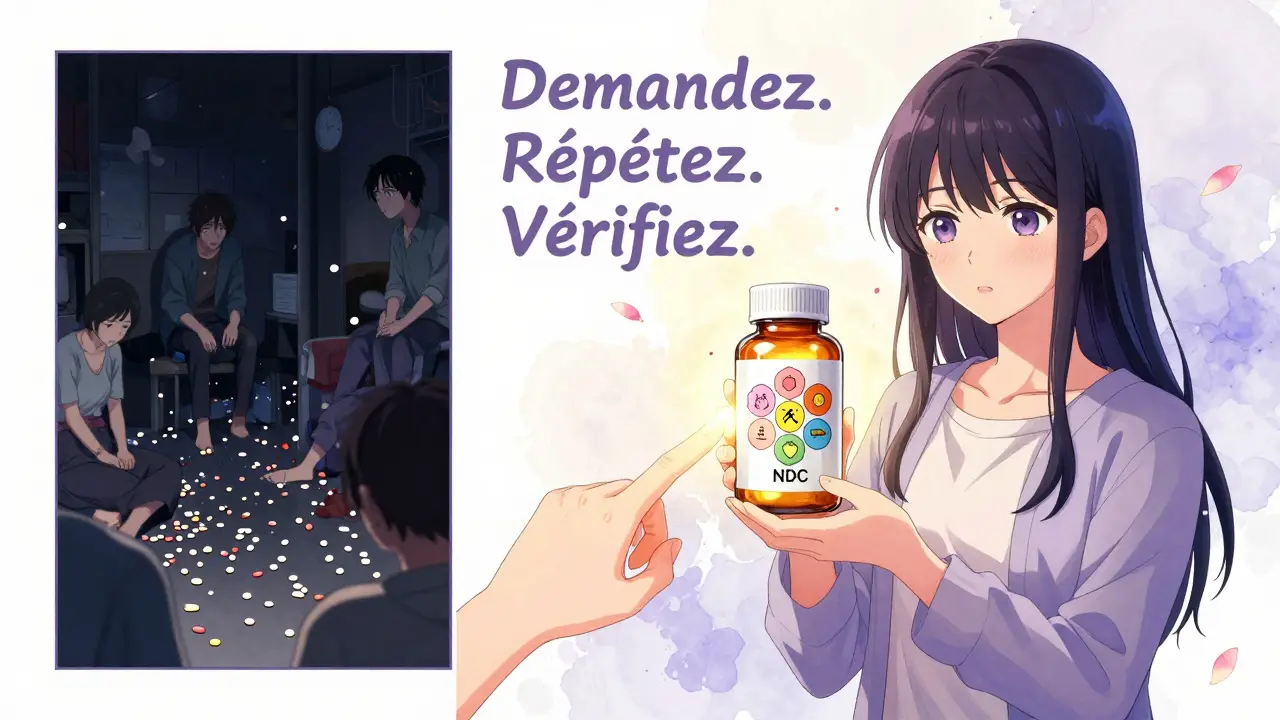 Scène divisée : à gauche, confusion avec des médicaments épars ; à droite, la même personne comprend son étiquette transformée en symboles florales.