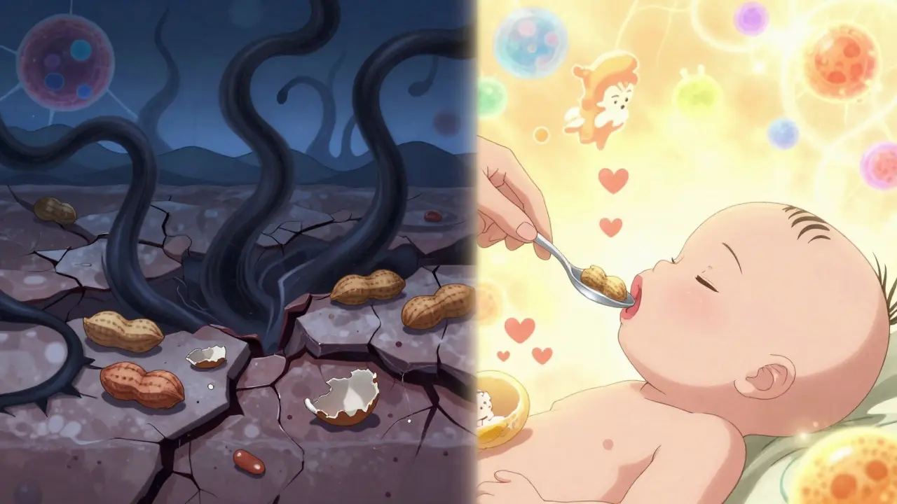 Scène divisée : allergènes pénétrant la peau d'un côté, introduits par la bouche de l'autre.