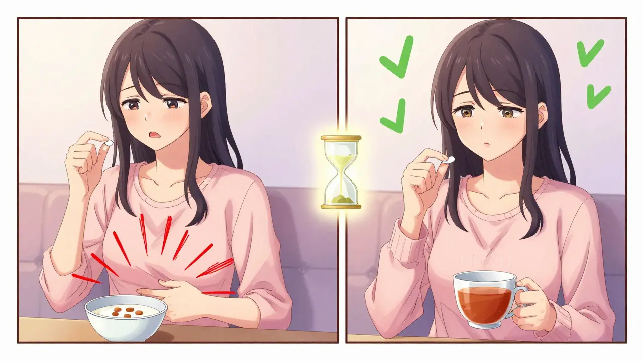 Scène divisée montrant une femme prenant du calcium à midi (préoccupée) et le soir (apaisée), avec un sablier symbolisant l'espacement.