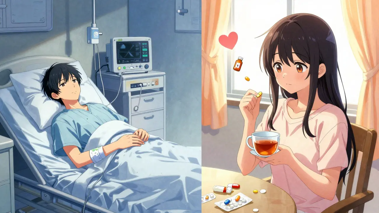 Scène en deux parties : un patient à l'hôpital après une crise cardiaque à gauche, et le même patient en sécurité à la maison avec son médicament générique à droite.