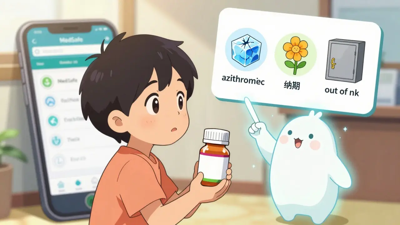 Un enfant tient un flacon antibiotique tandis qu'un esprit de pharmacien lui montre des conseils.