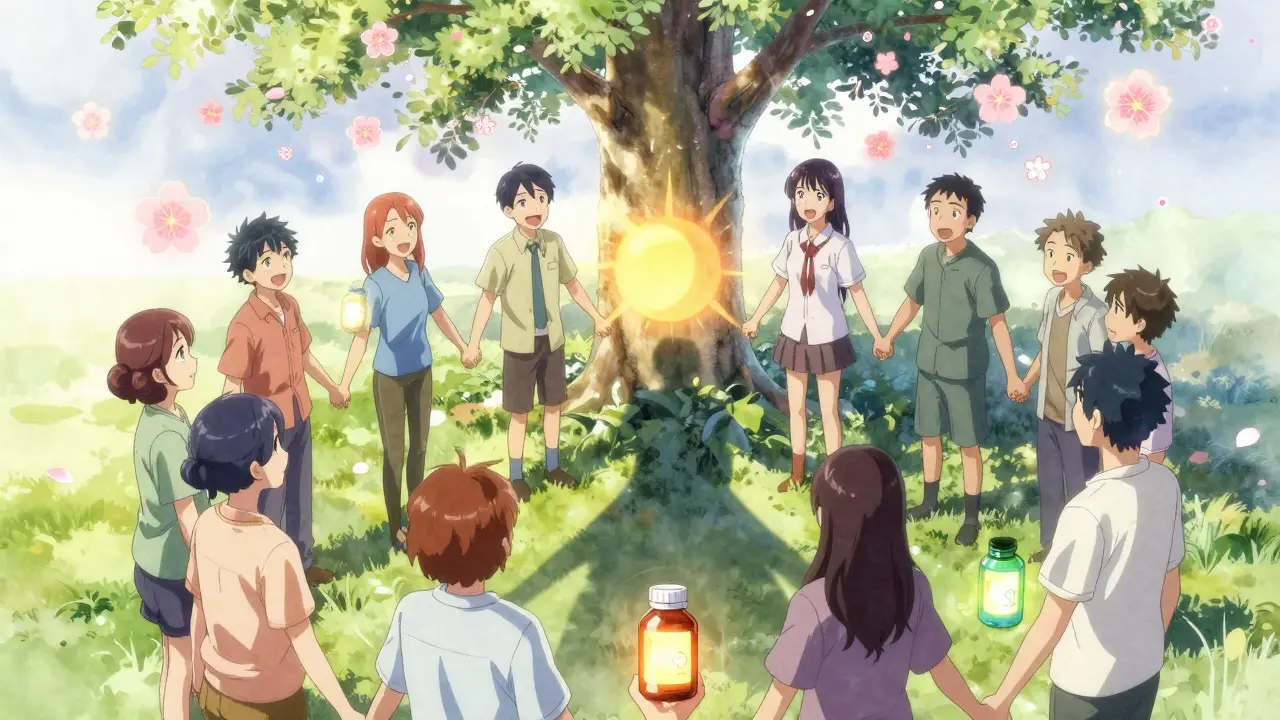 Un groupe de patients tiennent des médicaments génériques, leurs ombres forment un soleil levant, entourés de pétales de cerisier flottants.