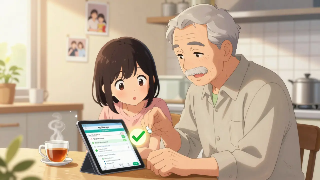 Un homme âgé et sa petite-fille regardent ensemble une application de médicaments à la cuisine.