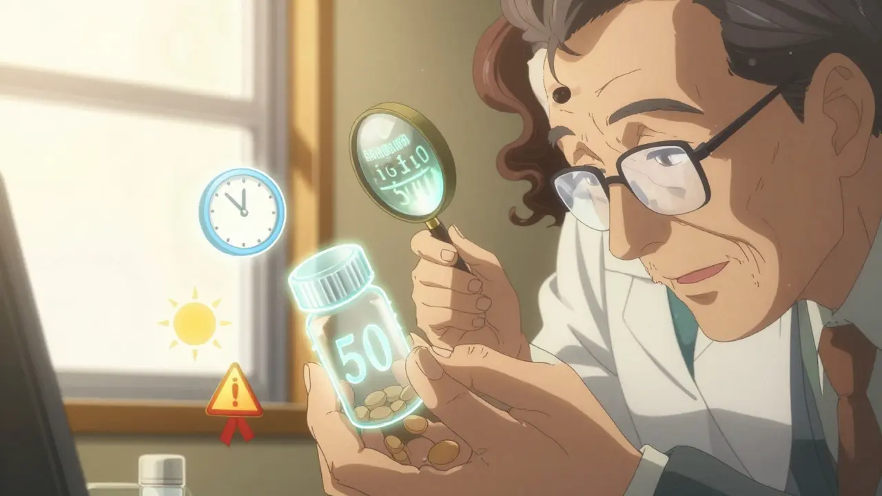 Un homme âgé examine une pilule lumineuse avec des icônes flottantes autour, éclairé par la lumière du soir.