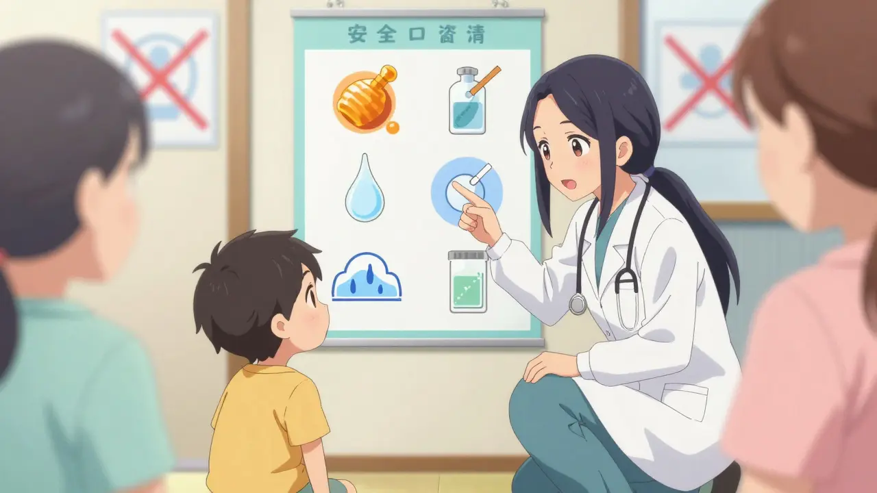 Un pédiatre montre à des parents des alternatives sûres à la toux, des médicaments interdits en arrière-plan.