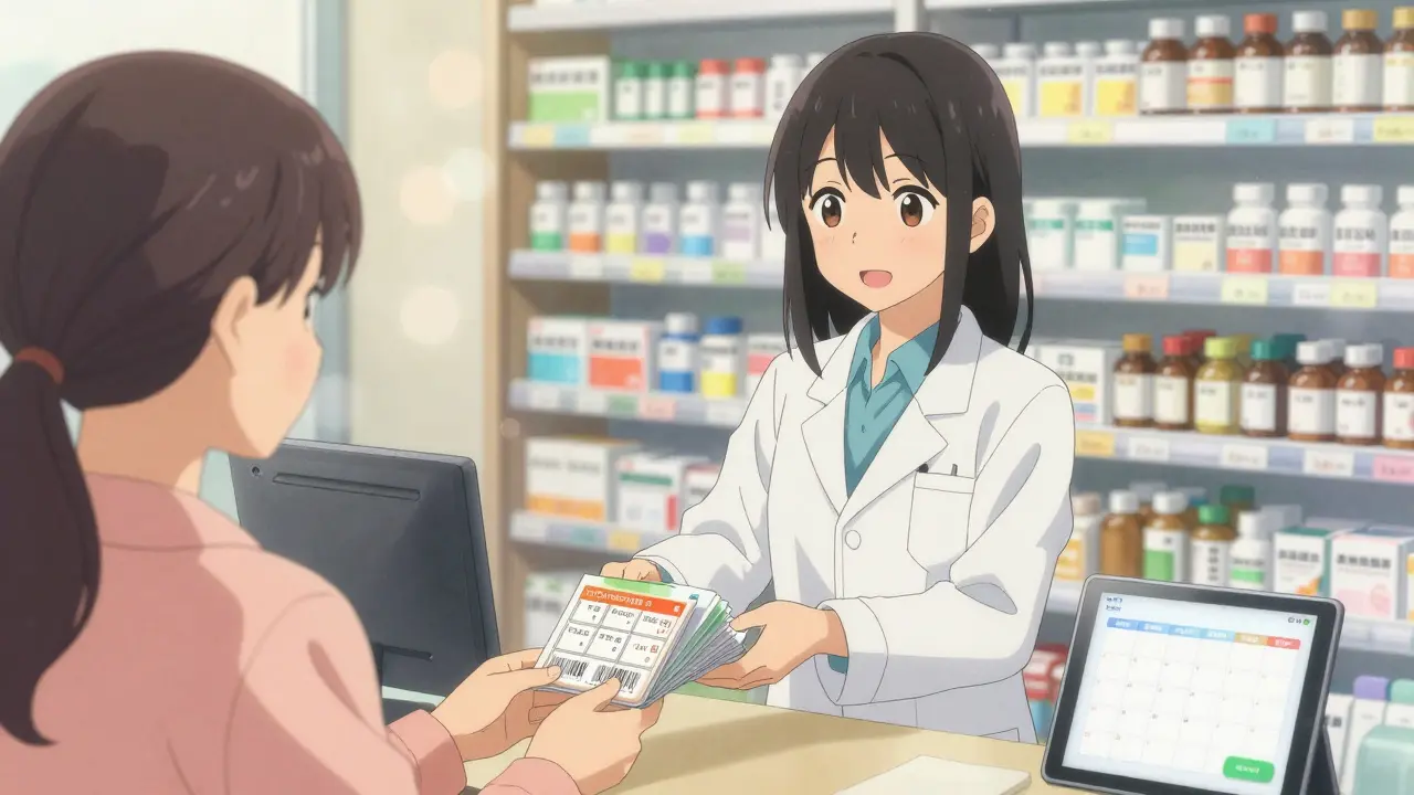 Un pharmacien remet un paquet mensuel de médicaments synchronisés à un patient dans une pharmacie chaleureuse.