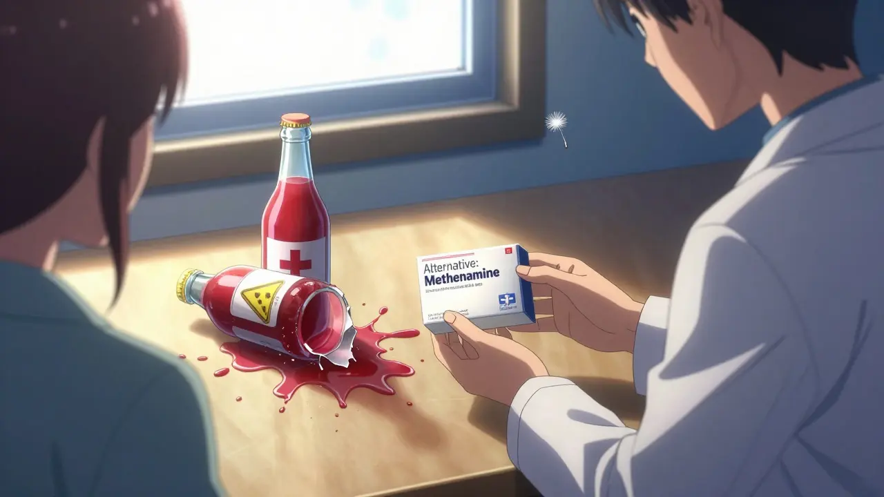 Un pharmacien remet un remède alternatif à un patient, une bouteille de jus de canneberge brisée au sol.