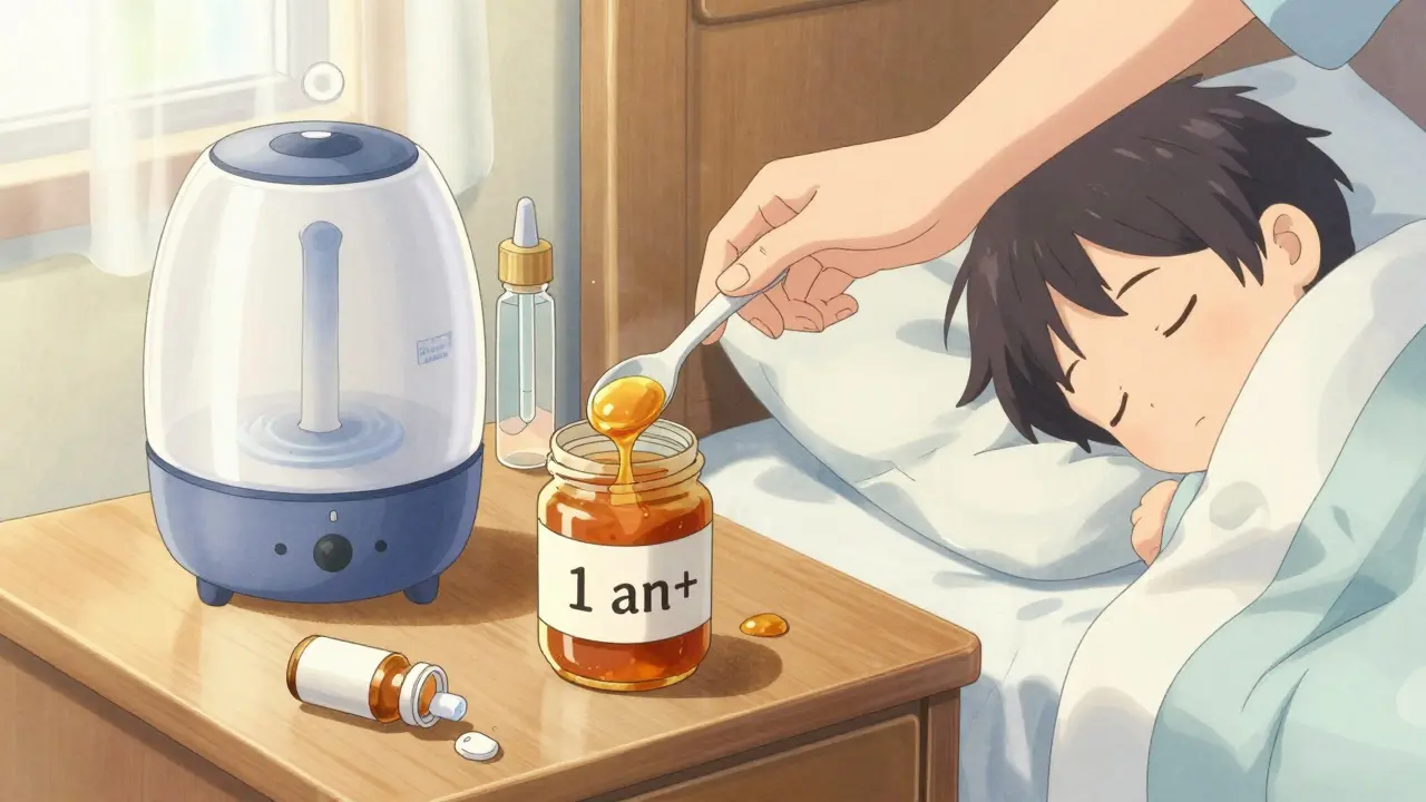 Une cuillère de miel prête à être donnée à un enfant, avec un diffuseur et des gouttes salines à côté.
