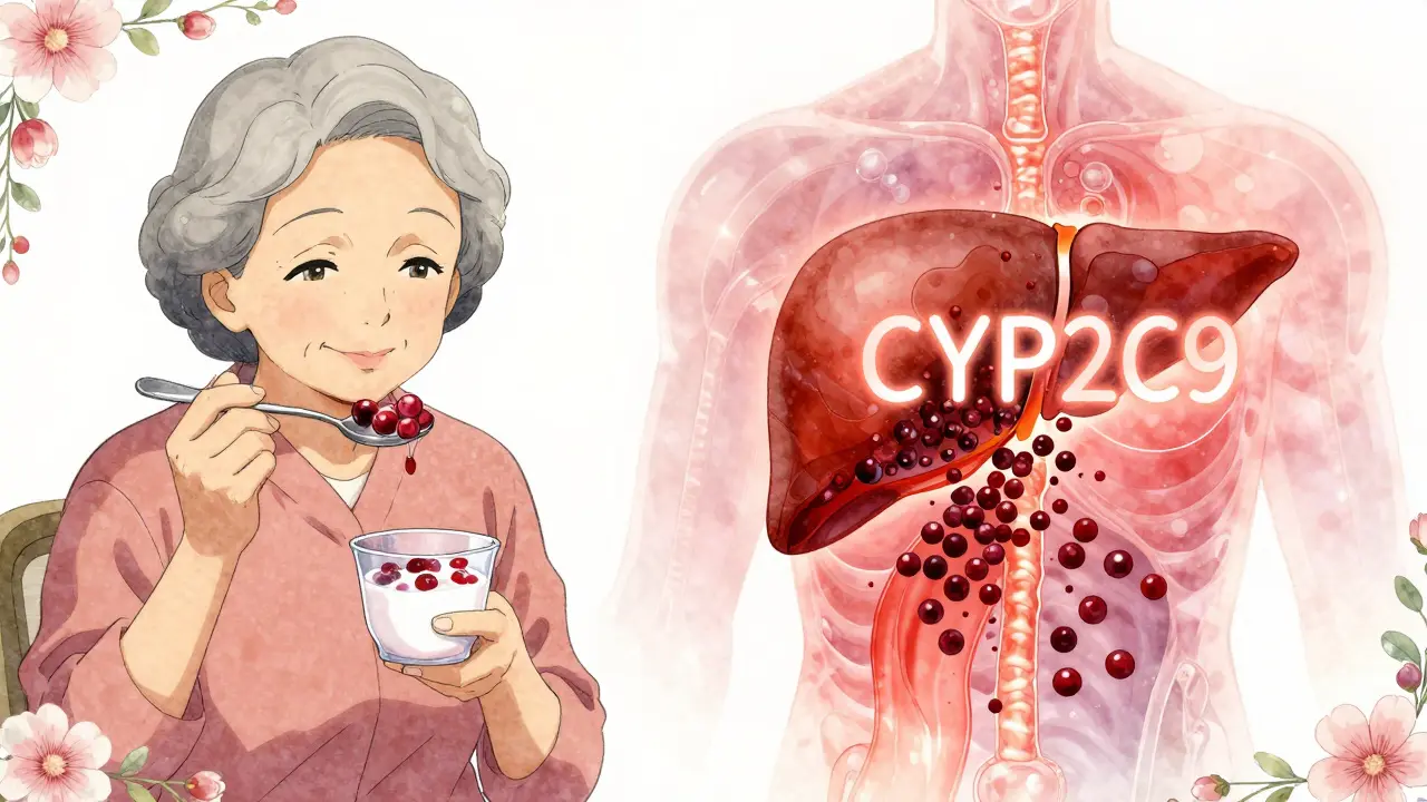 Une femme âgée mangeant du yaourt aux canneberges, avec une représentation schématique de son foie bloqué.