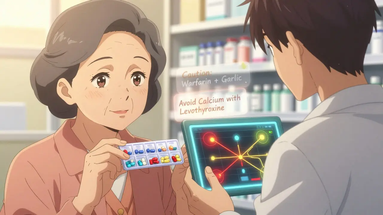 Une femme âgée montre son organisateur de pilules à un pharmacien, avec des avertissements flottants en calligraphie douce sur les interactions.