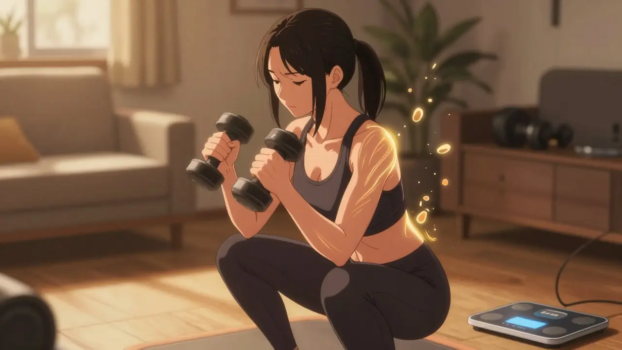 Une femme fait des squats à la maison, des fibres musculaires brillent, une balance affiche un poids stable mais son corps se tonifie.